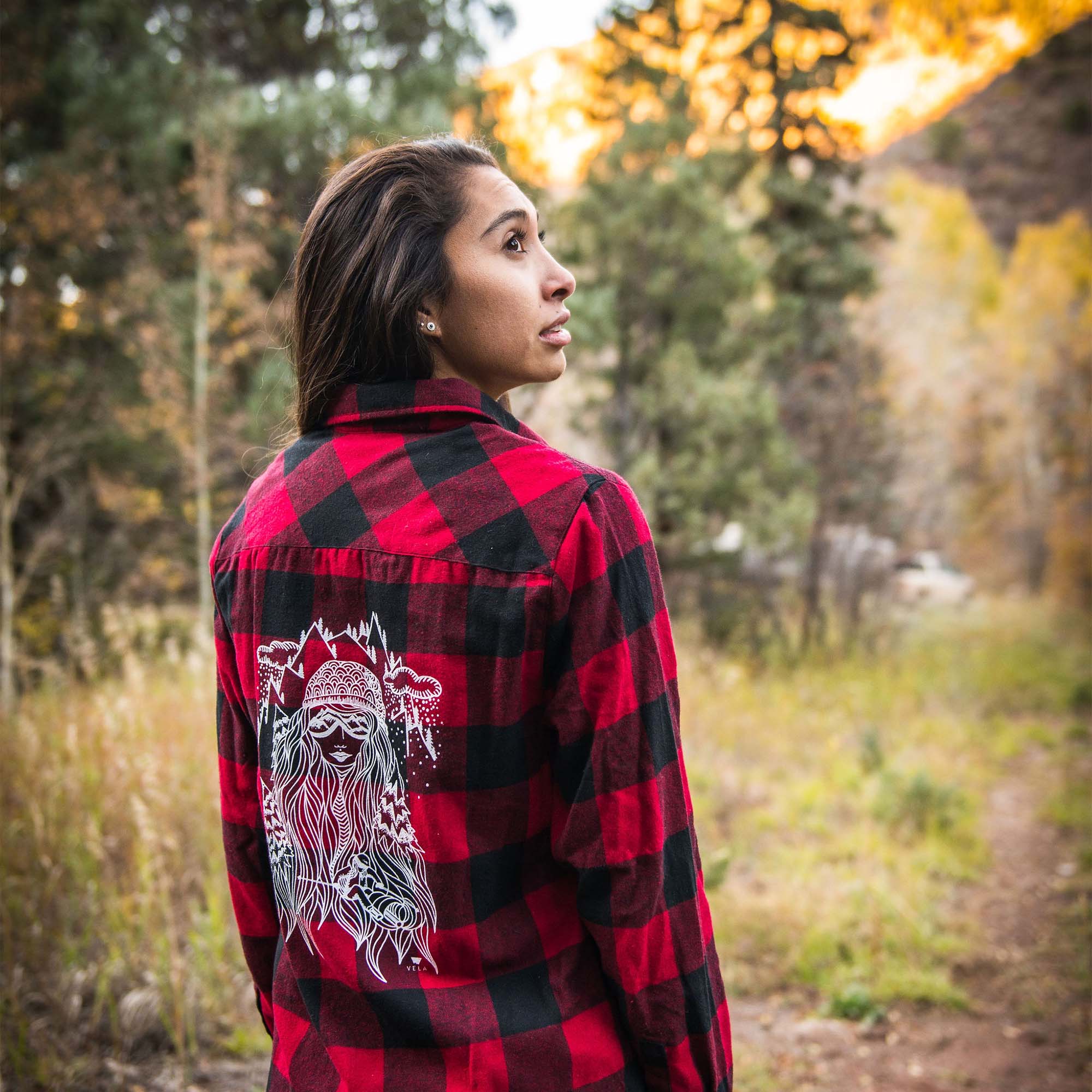 Ski Girl Buffalo Plaid Button Down Shirt - Women's