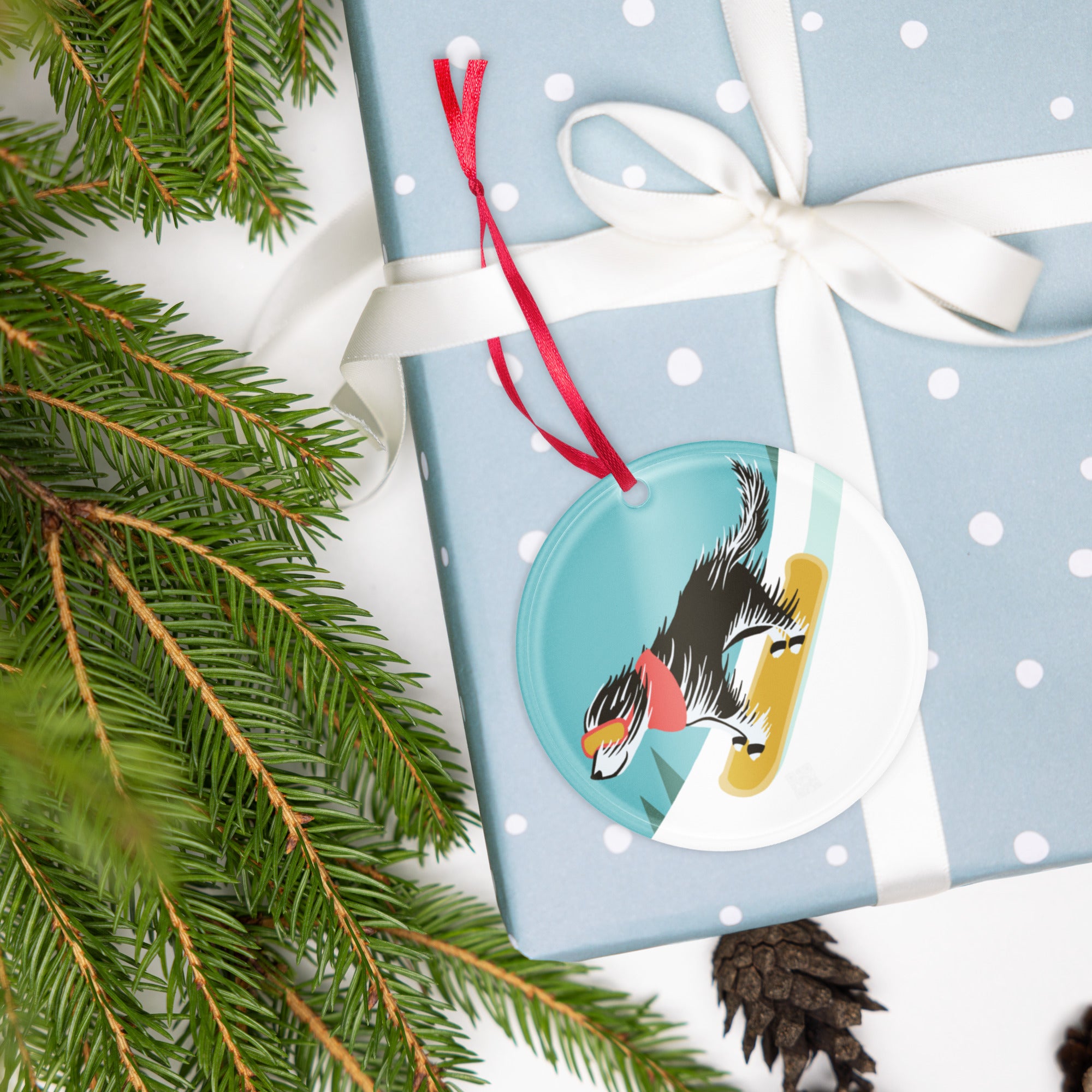 Scruffy Dog Snowboarding Ornament