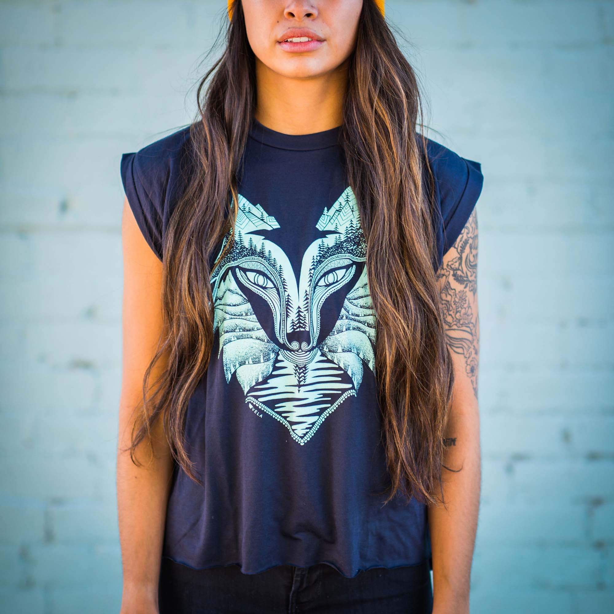 Wolf Flowy T-Shirt With Rolled Cuffs | Teal & Midnight Blue - Ketsol