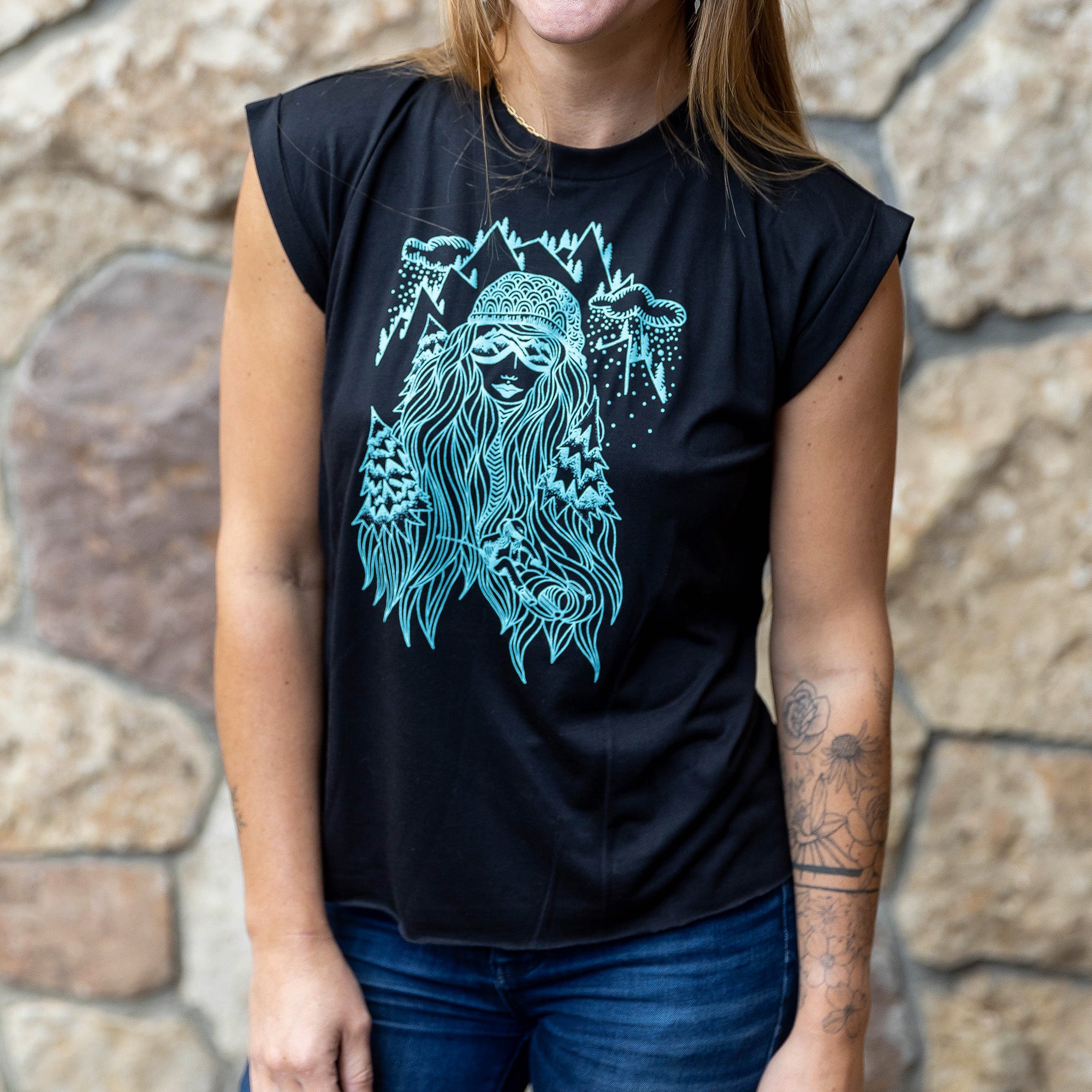 Ski Girl Rolled Cuffs Flowy Shirt | Black - Ketsol
