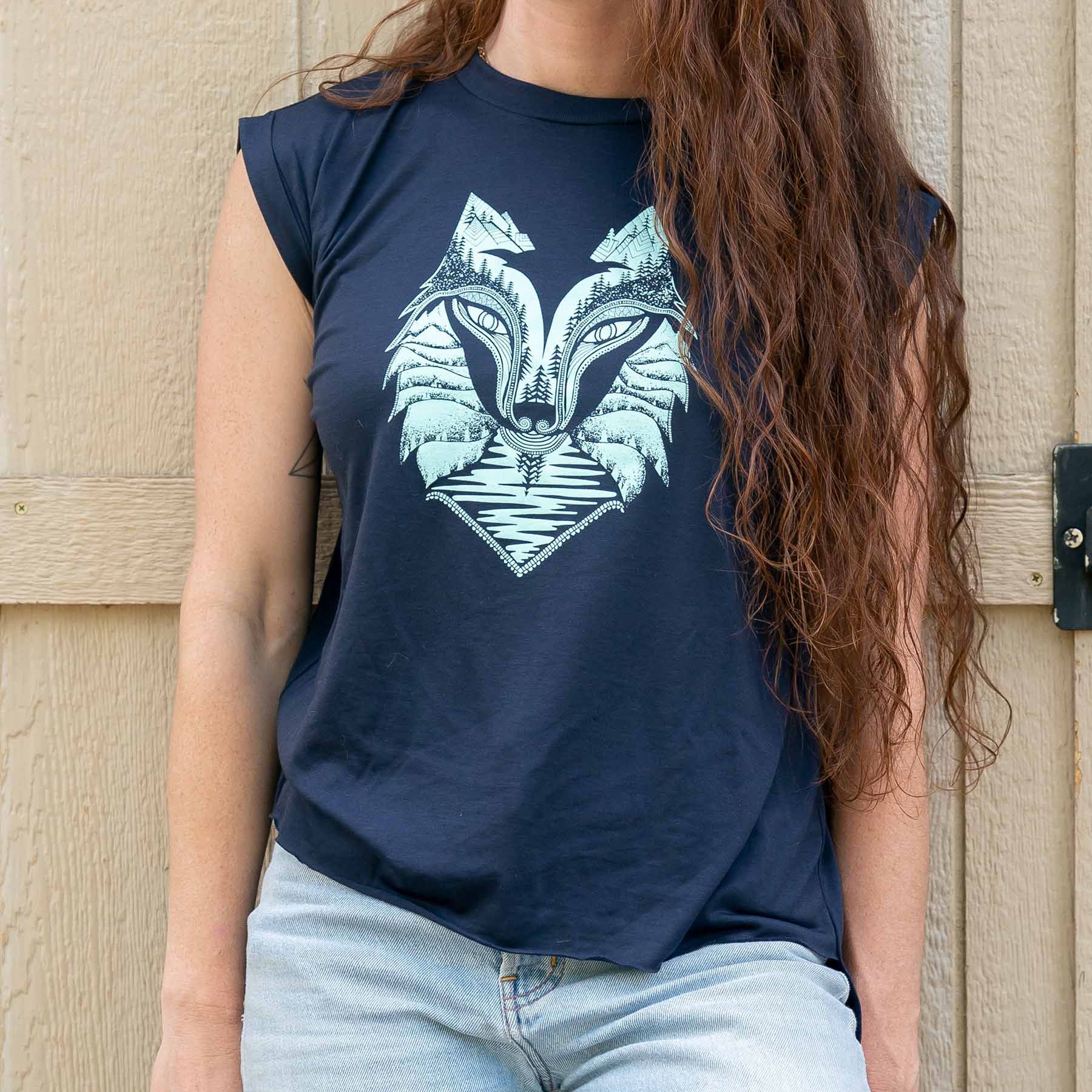 Wolf Flowy T-Shirt With Rolled Cuffs | Teal & Midnight Blue - Ketsol